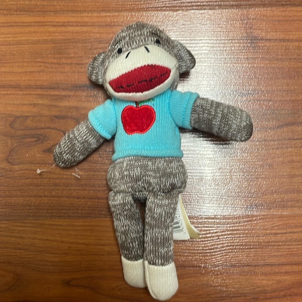 Dan Dee Sock Monkey Brown White Body Blue Shirt Red Apple Stuffed Animal Plush
